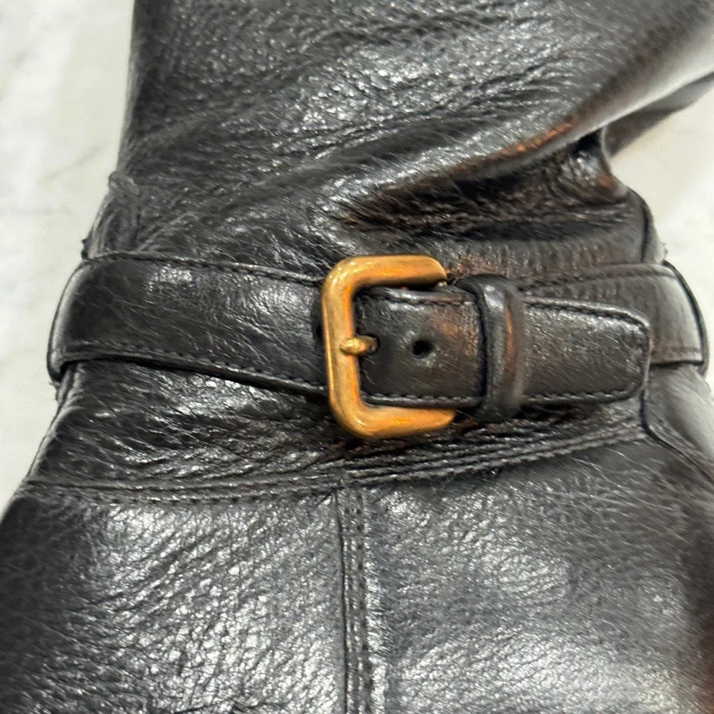 Prada Black Leather Tall Boots with Gold Logo Emblem - Picture 7 of 12